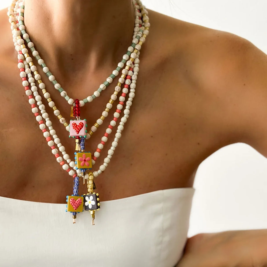 French White Turquoise and Heart Glass Pendant Sweater Chain