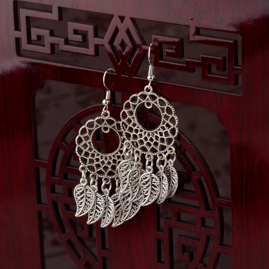 Silver Hollow Round Leaf Tassel Jhumki Earrings Jewelry