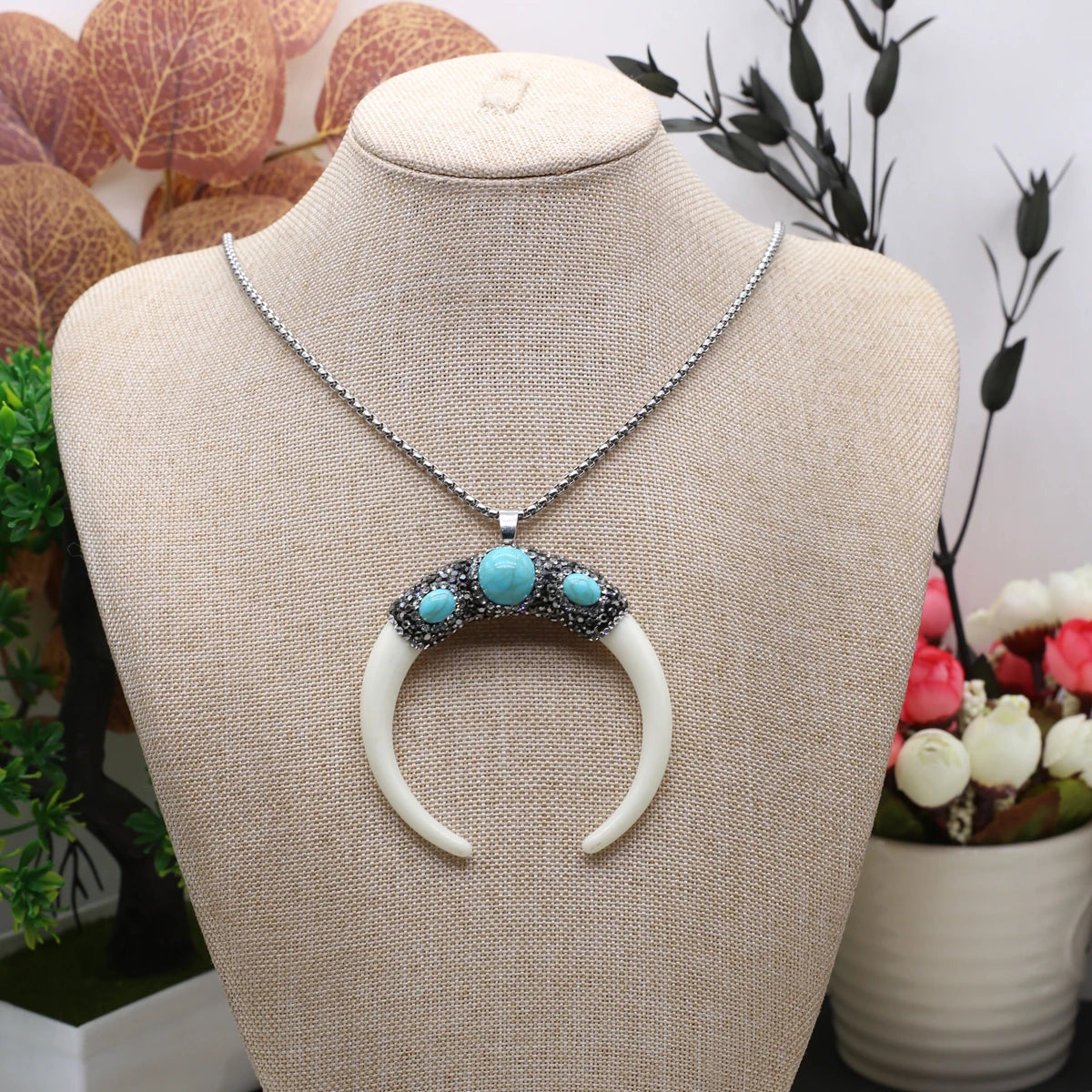 Natural Stone Horn Necklace Reiki Heal Turquoise Rhinestone Crescent Moon Pendant Stainless Steel Chain Boho Necklaces Jewelry