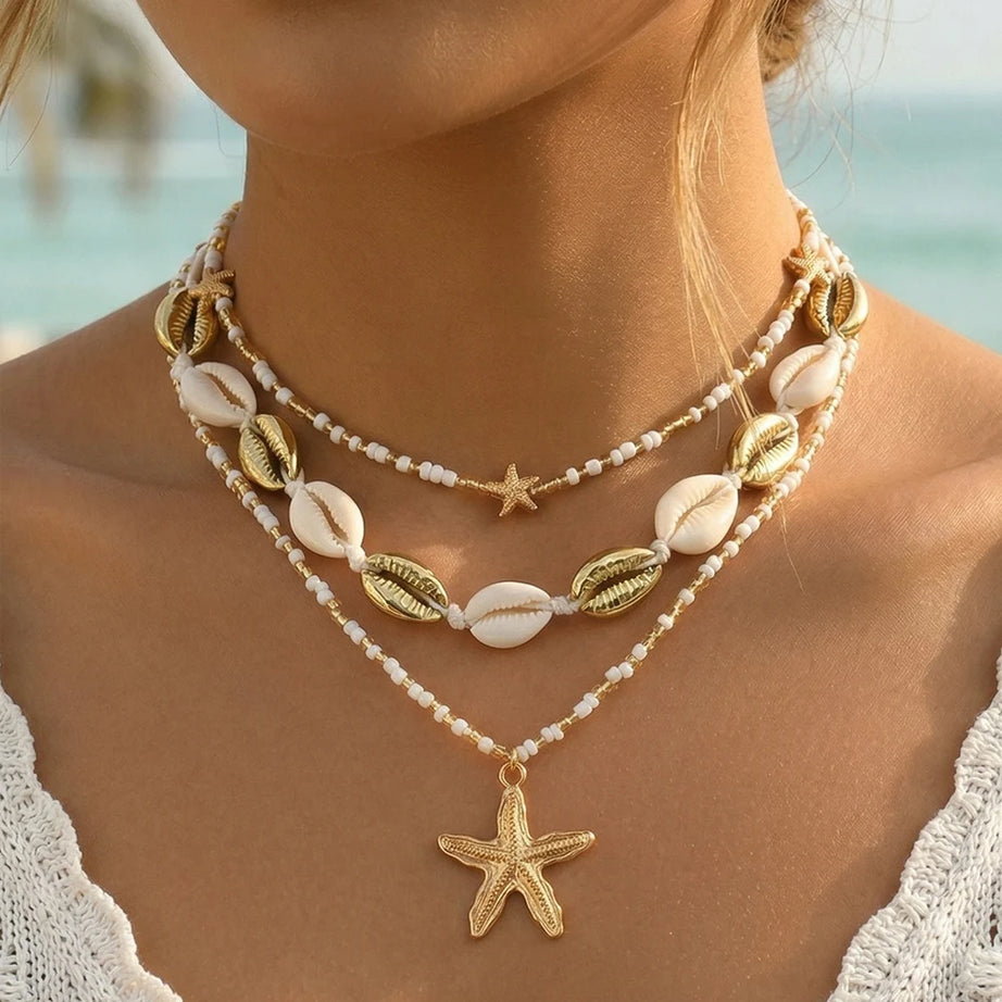 Three Layered Cowrie Shell and Starfish Boho Necklace