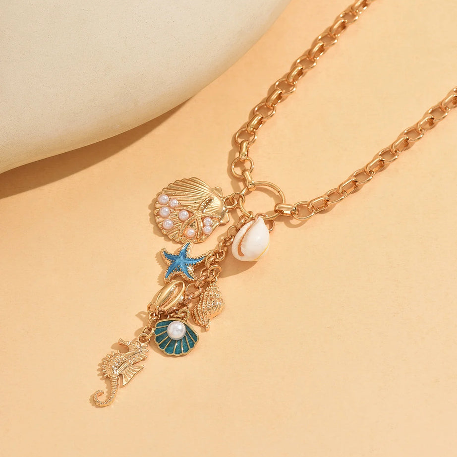 Chunky Gold Ocean Charm Boho Necklace