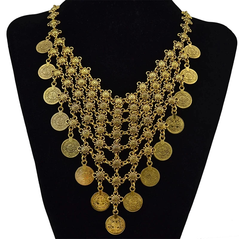 Turkish Coin Stone Tassel Bib Choker Necklace Jewelry