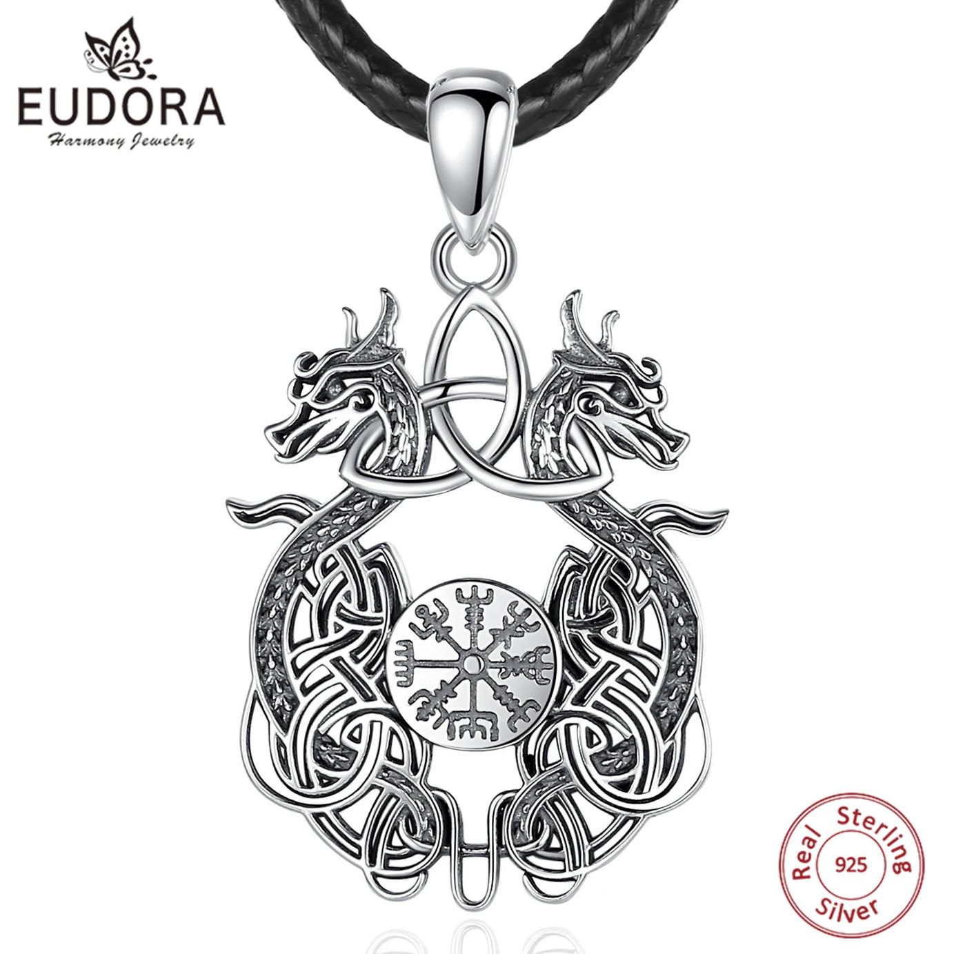Sterling Silver 925 Viking Dragon Celtic Knot Compass Necklace, Norse Amulet