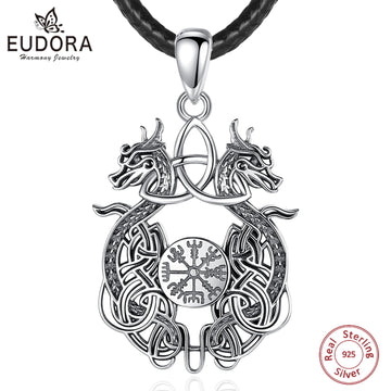 Eudora 925 Sterling Silver Viking Dragon Necklace for Man Women Celtic Knot Compass Amulet Pendant Personality Jewelry Fine Gift