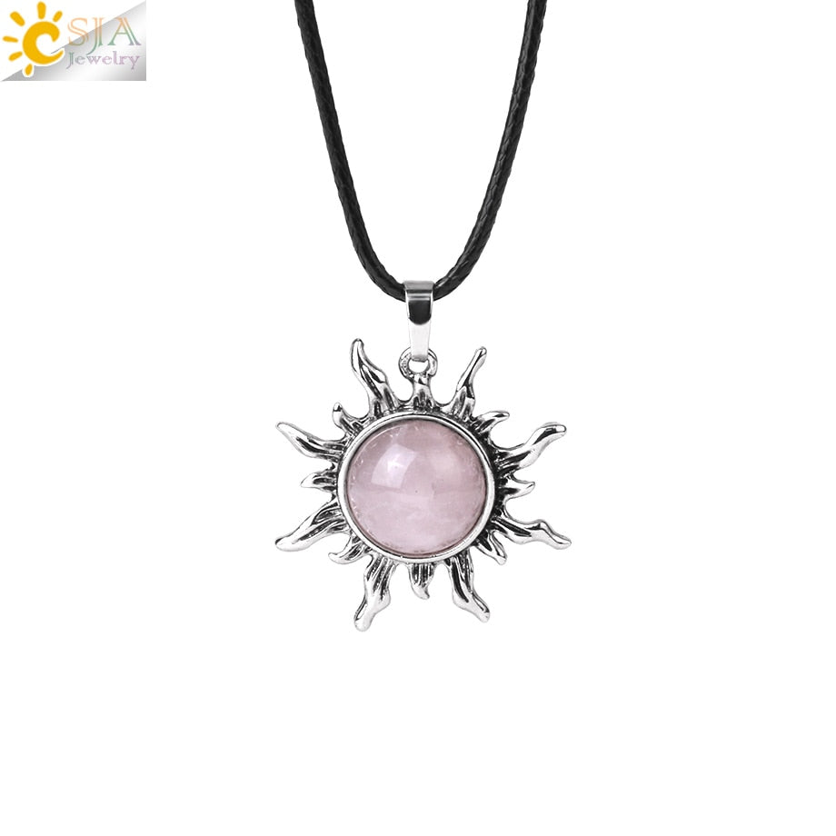 CSJA Vintage Sun Flower Pendant Natural Stone Crystal Necklace Genuine Round Amethysts Pink Quartz Obsidian Lapis Lazuli H120 - Charlie Dolly