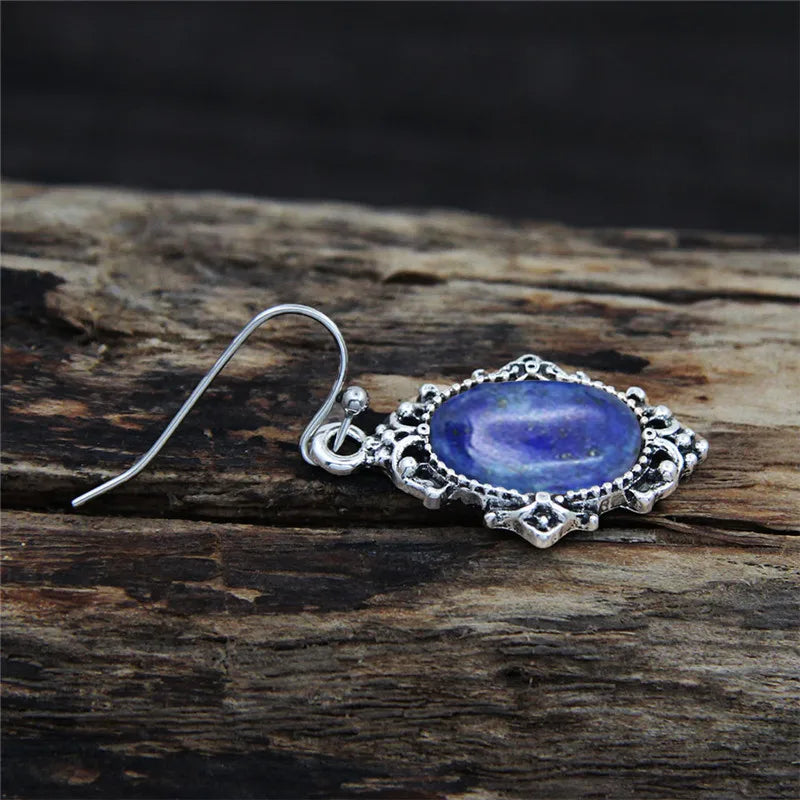 Vintage Look Natural Stone Lapis Lazuli Jewelry Sets Solid Silver Plated Necklace Earrings Flower Fashion Jewelry