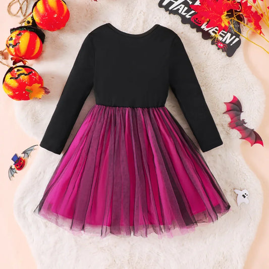 Halloween Girl Long Sleeve Skull Printed Dress Up Witch Costume Carnival Party Mesh Tulle Tutu Dress Stage Performance Clothes