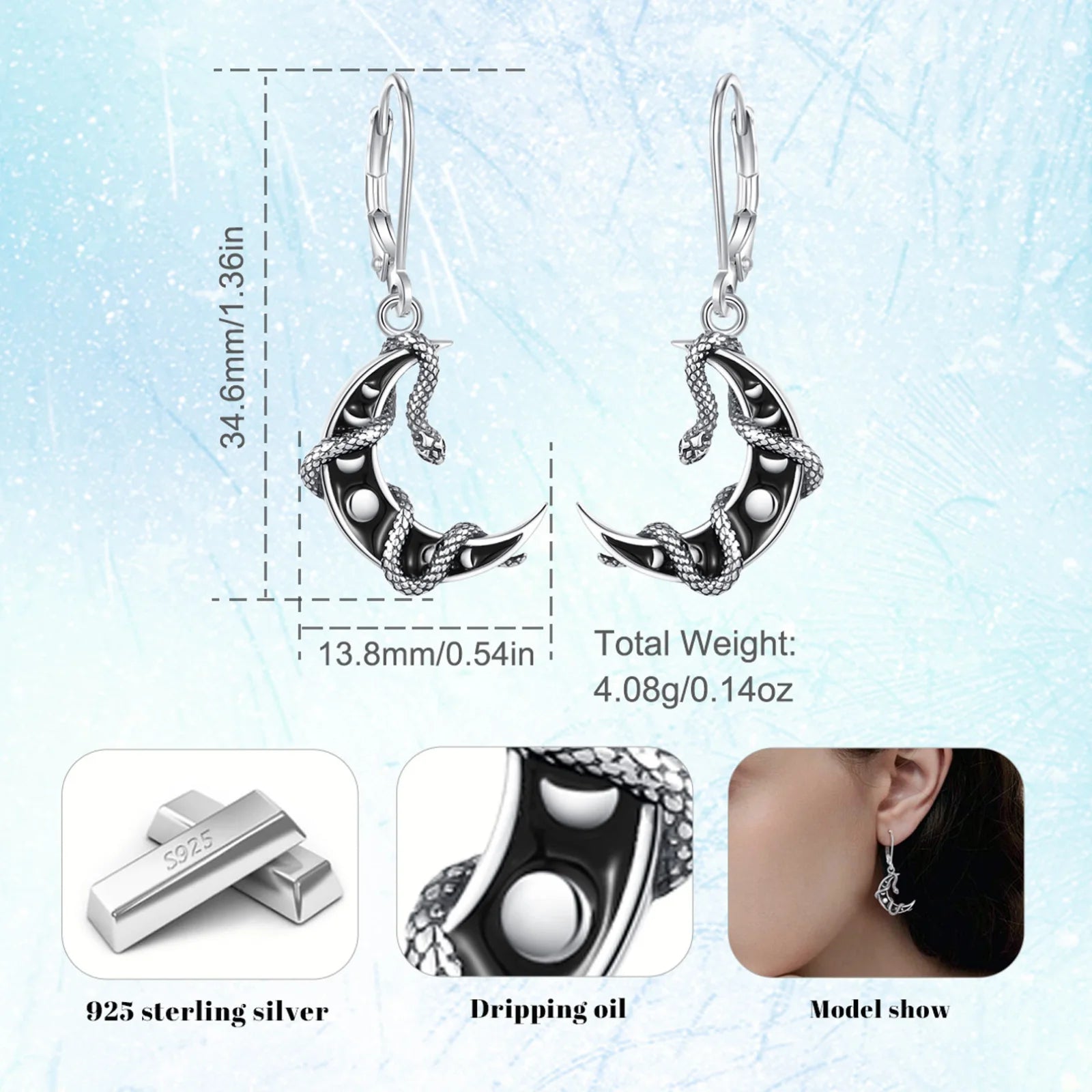 AEONSLOVE 925 Sterling Silver Moon Phase Snake Earrings Gothic Black Enamel Celestial Drop Earrings Witch Jewelry Gift for Women