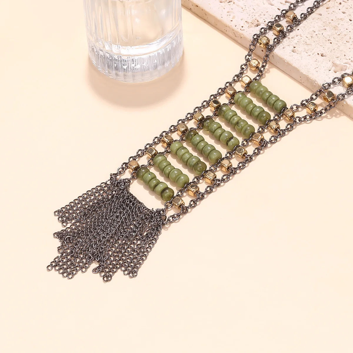 Beaded Chain Tassel Pendant Necklace Jewelry