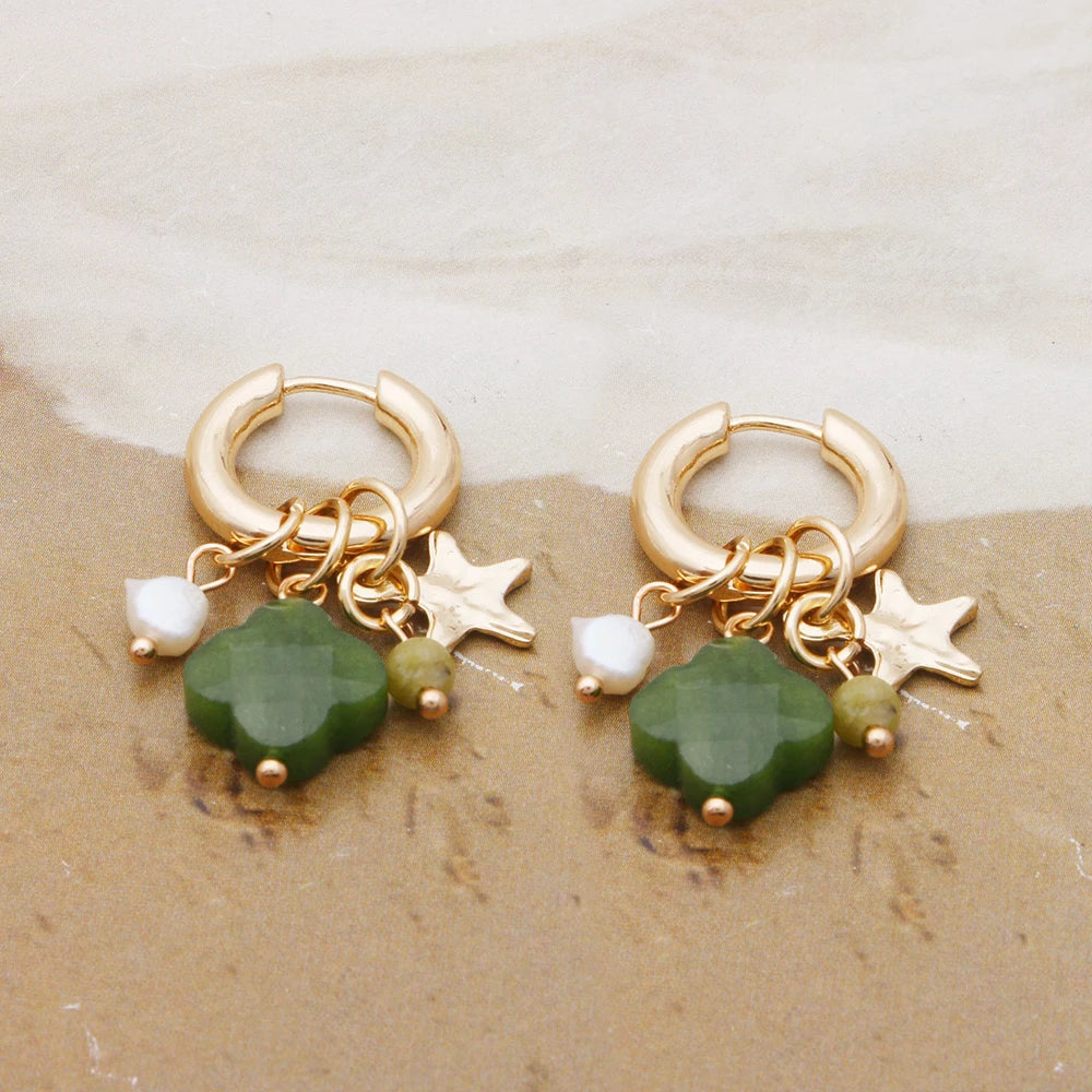 Pendant Earrings For Woman Boho Natural Stone Clover Malachite Powder Crystal Bohemia Charm Ear Luxury Quality Jewelry Girls