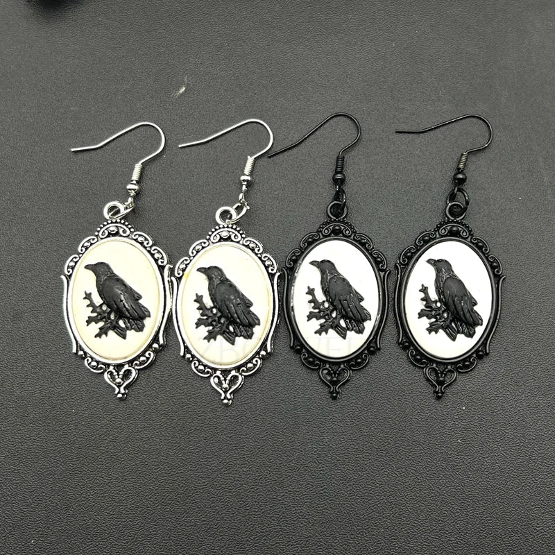 Raven Earrings Raven Crow Jewelry Goth Cameo Earrings Gothic Vintage Style Halloween Jewelry Witch Jewelry - Charlie Dolly