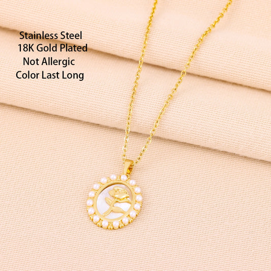 Vintage Style Oval Pearl Rose Pendant Stainless Steel Necklaces For Women Elegant Ladies Neck Chain Jewelry - Charlie Dolly