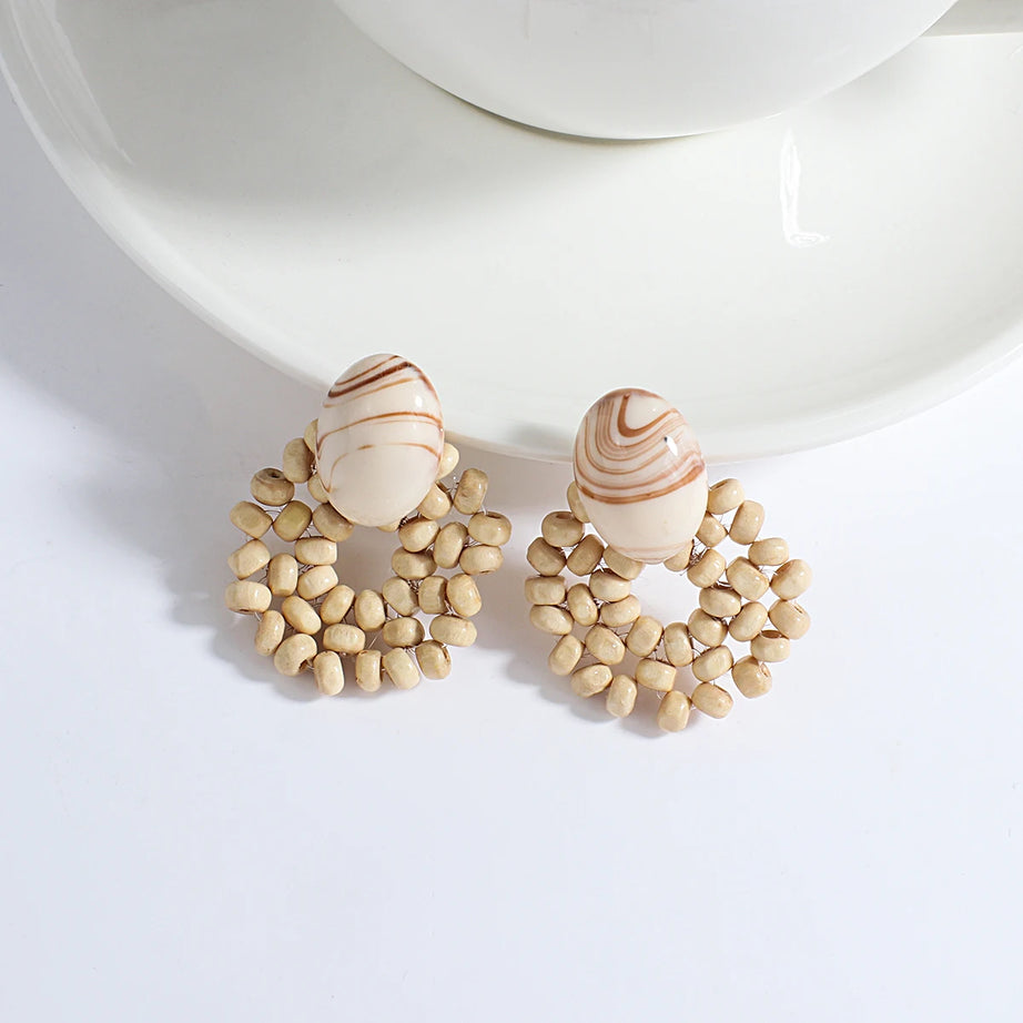 Wooden Rattan Braid Geometric Drop Earrings Jewelry