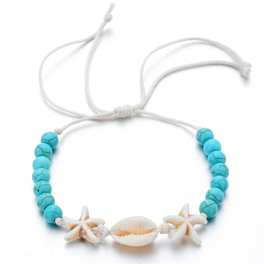 Starfish Shell and Turquoise Woven Wax Rope Bracelet
