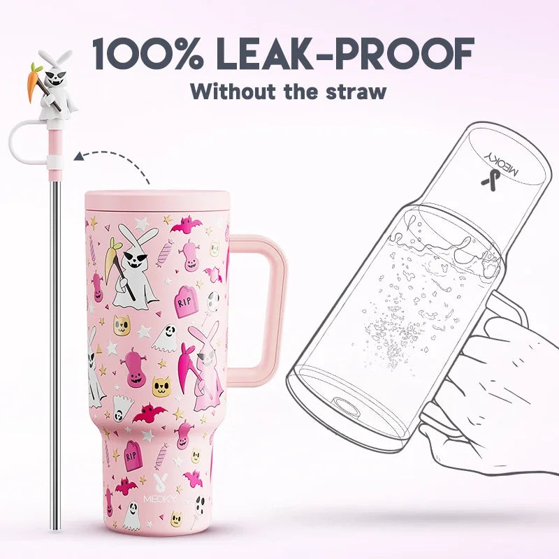 Meoky 40oz Tumbler Handle with Straw Cute Stopper Stainless Steel Insulation Coffee Cup Luminous Vacuum Car Mug Halloween Gifts - Charlie Dolly