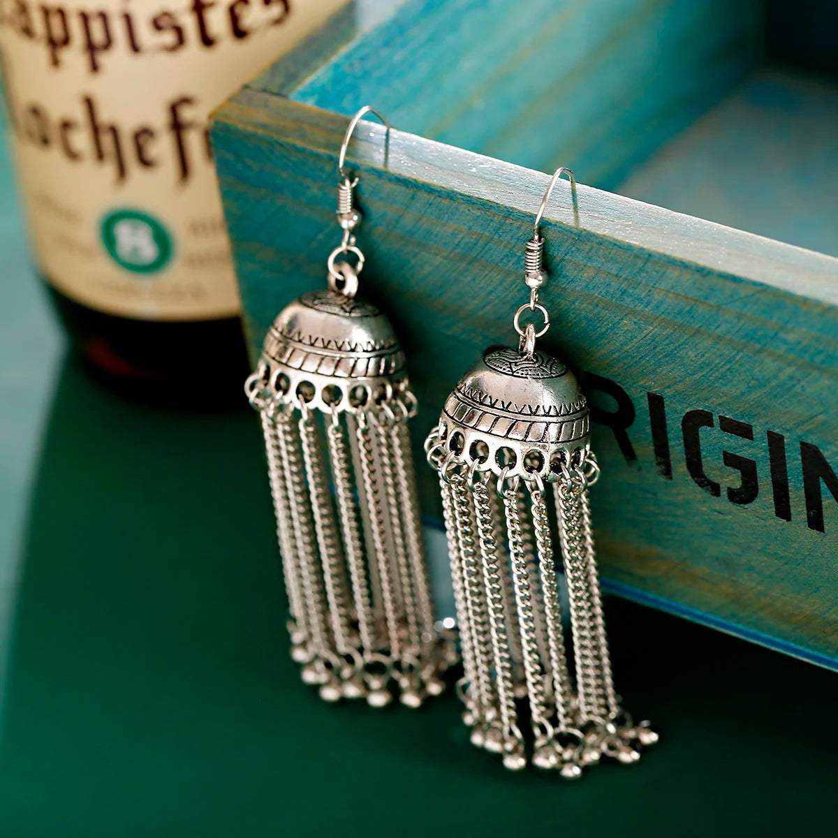 Ethnic Silver Color Long Metal Chain Tassel Earrings Female Retro Round Bell Dangle Earrings Boho Geometric Piercing Ear Jewelry