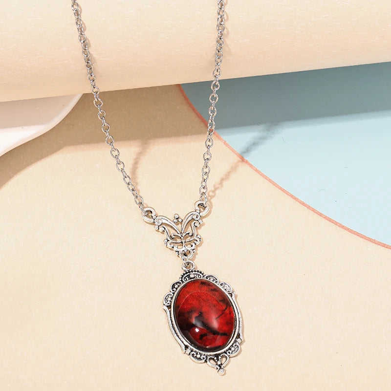 Gothic Blood Red Quartz Charm Necklace Oval Pendant Necklace For Women Halloween Vampire Embossed Witch Jewelry Vintage Chokers - Charlie Dolly