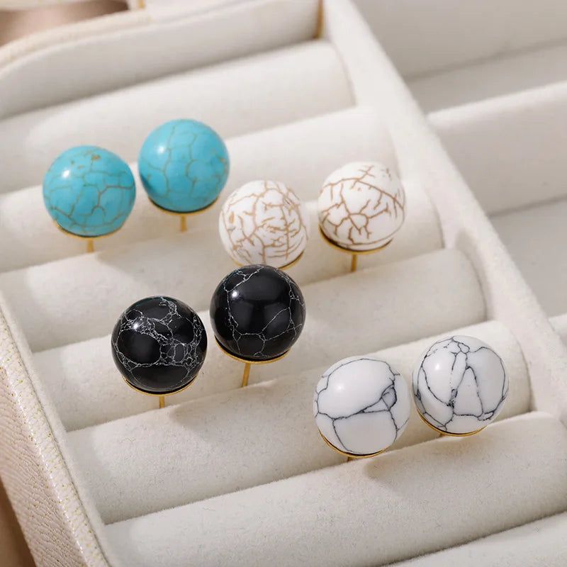 1 Pair Natural Stone Stud Earrings For Women Men Round Turquoises Tiger Eye Lapis Lazuli Beads Earring Fashion Jewelry Gift