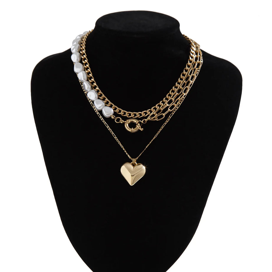 Heart Pendant Pearl Multilayer Necklace Jewelry