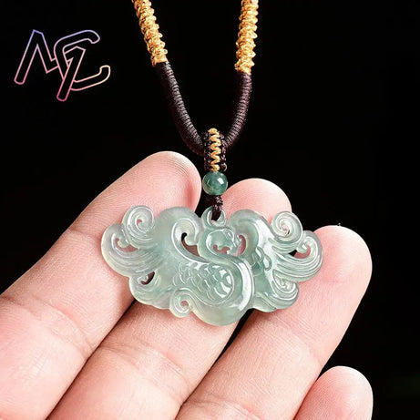Myanmar Burmese Jadeite Phoenix Pendant, Sacred Rebirth Amulet Necklace