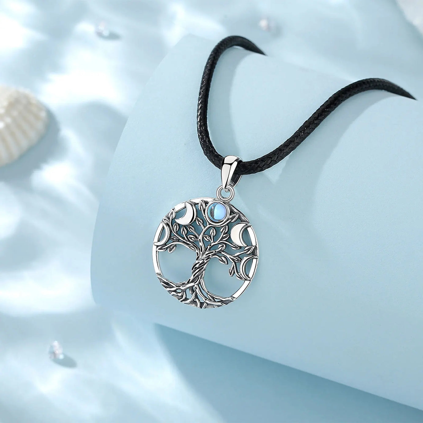 S925 Sterling Silver Tree of Life Moon Phase Necklace, Triple Moon Goddess Moonstone Amulet