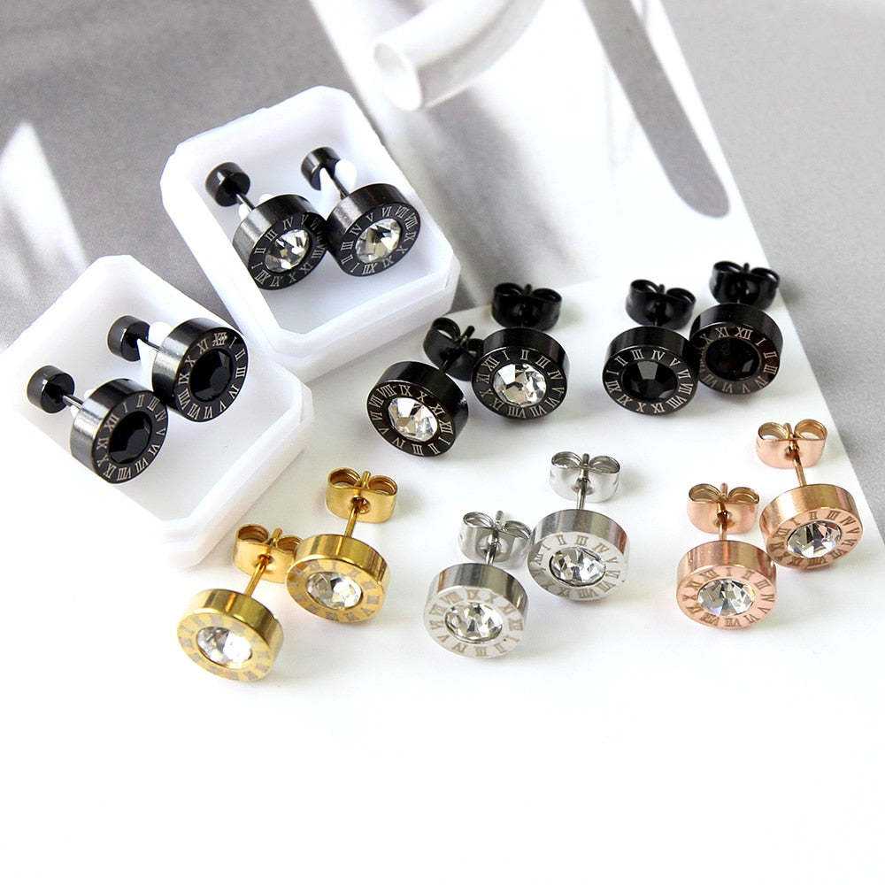 LUXUKISSKIDS Roman Numerals Men's Earrings Gothic Black Studs Steel Korean Fashion For Women 2023 Trendy Punk CZ Hiphop Piercing - Charlie Dolly