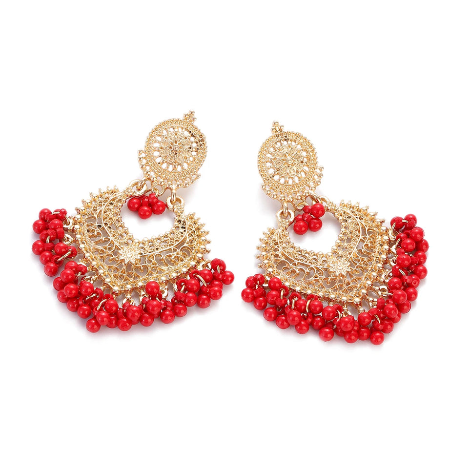 Gold Carved Heart Pink Bead Jhumka Earrings Jewelry
