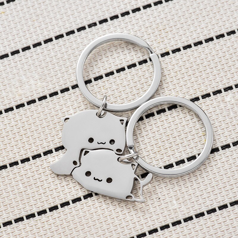 Cute Cat Keychain Stainless Steel Key ring Couple Lover Animal Matching Keyring Pendants Valentine&#39;s Day Gift - Charlie Dolly