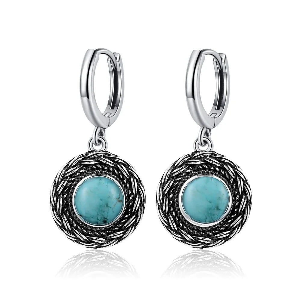 Natural Stone Sun Flower Hoop Earrings for Women, Vintage Antique Silver Turquoise Amethyst Labradorite Dangle Earring Wholesale