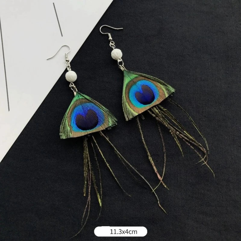 Unique Feather Earrings Imitation Peacock Feathers Vintage Earrings Exaggerate Boho Earrings Statement Jewelry Custom Packaging