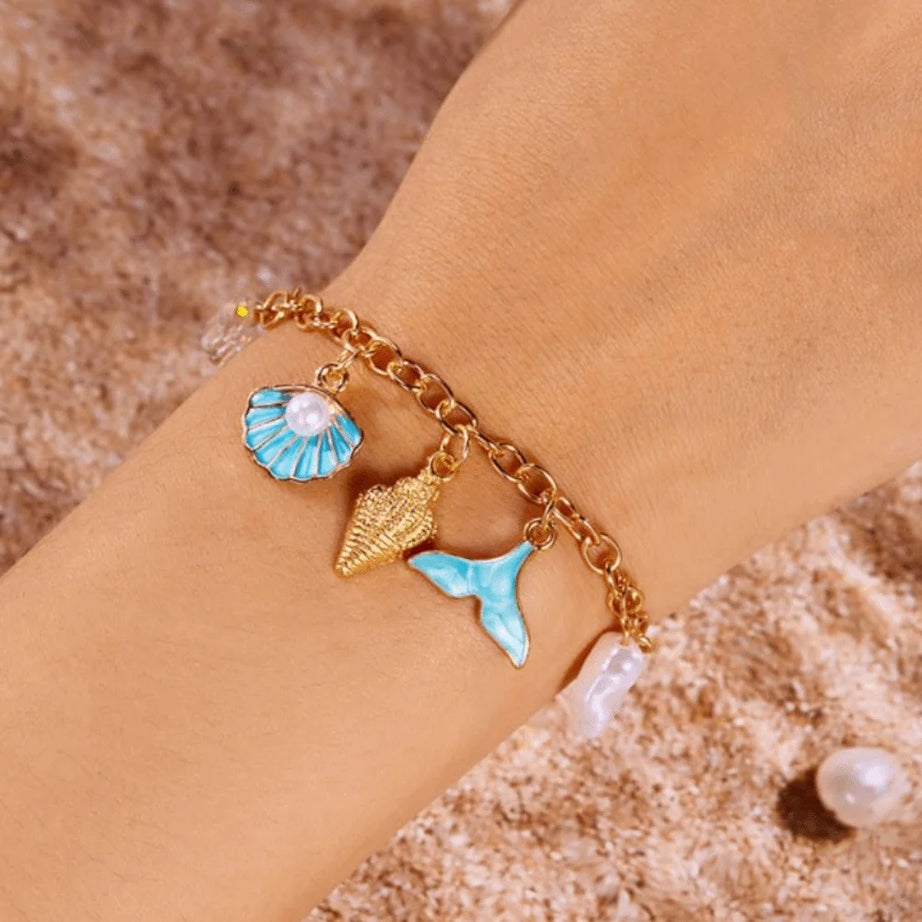 Pearl, Shell and Starfish Gold Tassel Boho Bracelet