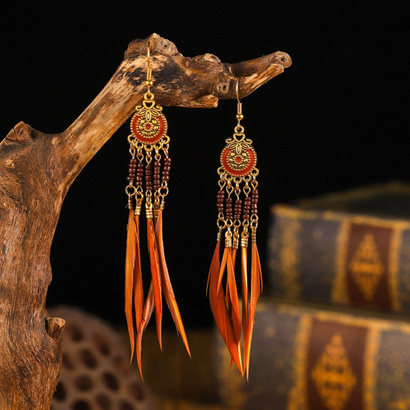 Vintage Bohemian Ethnic Style Earrings Long Rice Bead Tassel Earrings FOR WOMEN Alloy Dripping Oil Long Tassel Earrings - Charlie Dolly