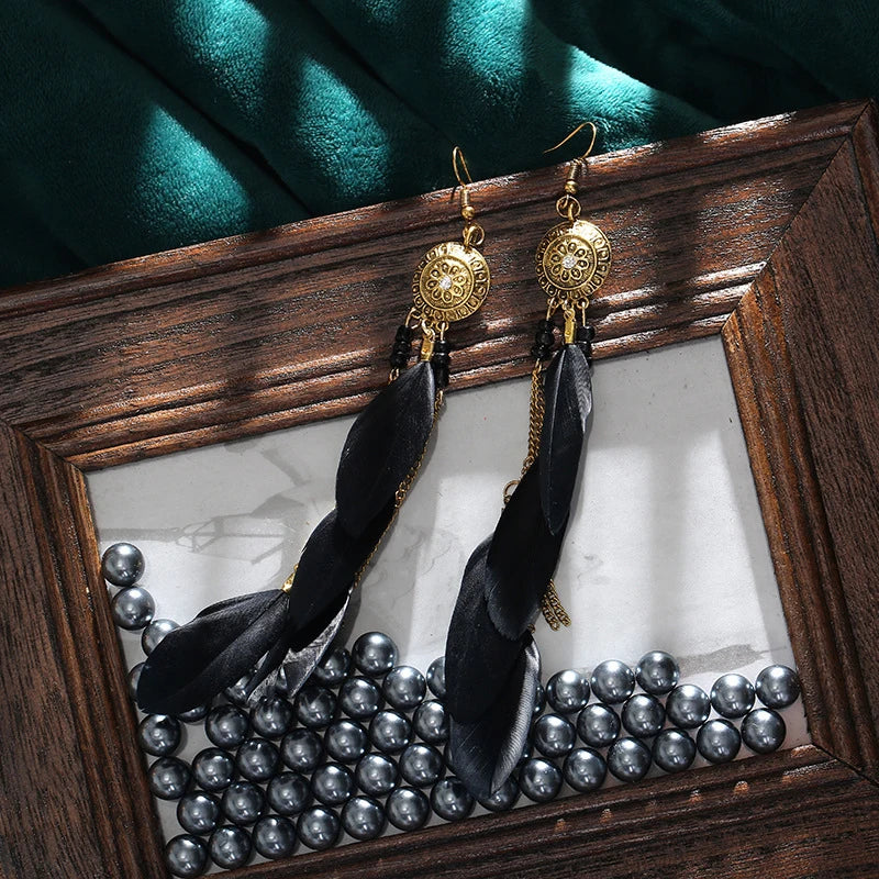 Trendy Bohemian Long Feather Drop Dangle Earrings For Women Crystal Flower Beads Handmade Wedding Vacation Boho Earrings Jewelry