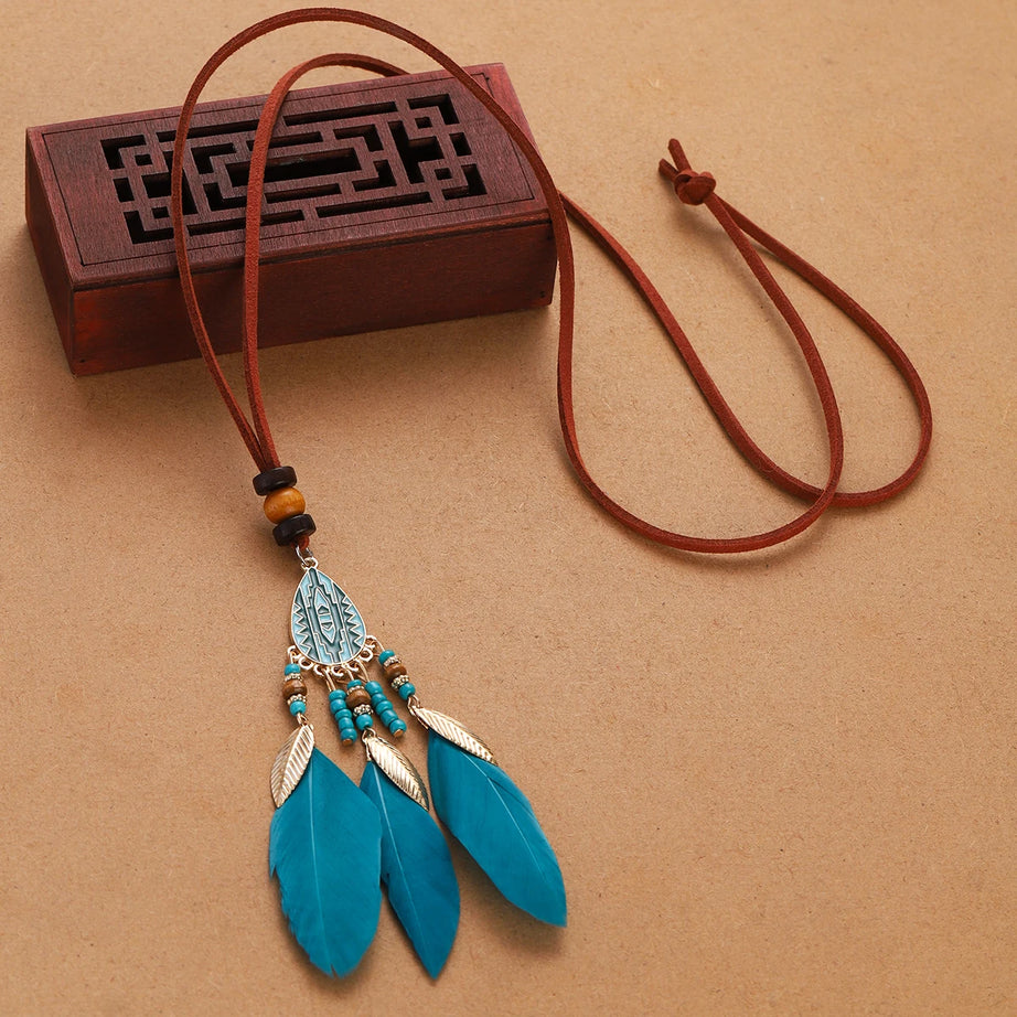 Rope Bead Feather Pendant Long Necklace Jewelry