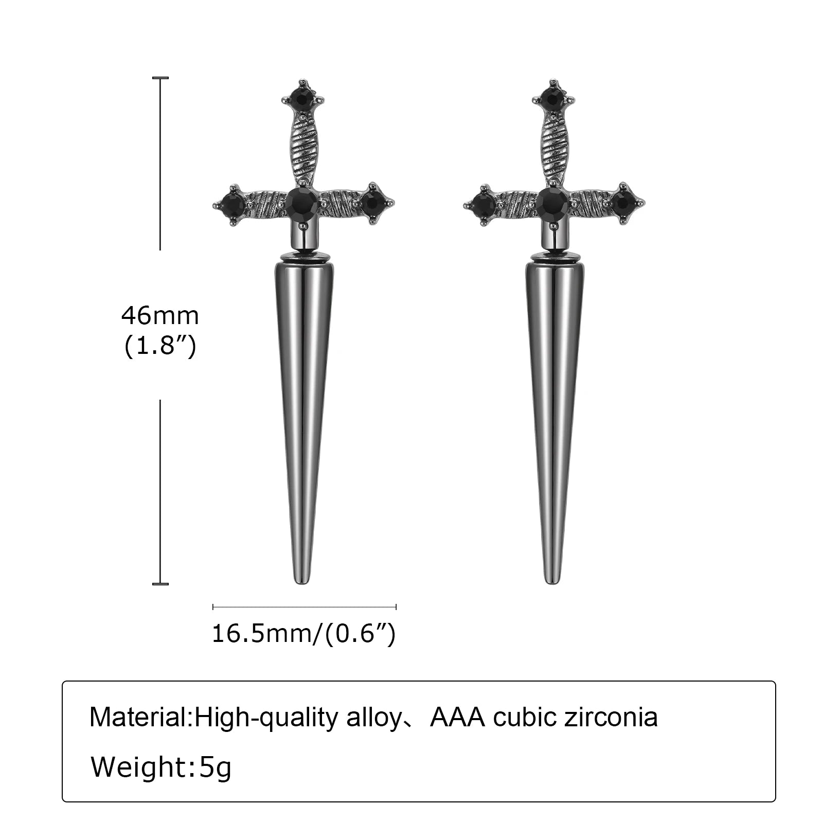 Gothic Sword Shaped Earrings for Men Boys,Metal Black Stone Cross Studs Earrings,Rock Punk Jewelry Anniversary Birthday Gifts - Charlie Dolly