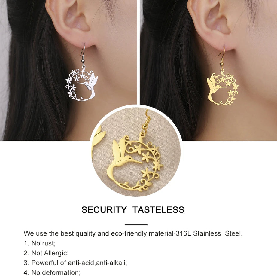 Hummingbird Filigree Flower Dangle Earrings Jewelry