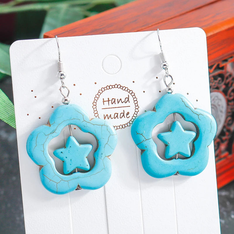 Boho Vintage Turquoise Water Drop Stud Earrings for Women Star Heart Flower Tribe Earring Statement Valentine Day Gift Jewelry