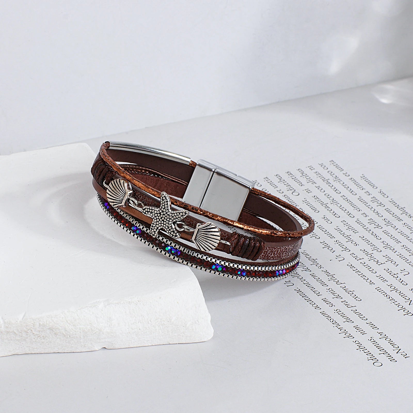 ALLYES Charm Starfish Shell Leather Bracelet for Women Men Boho Metal Tube Crystal Beads Chain Bracelets & Bangles Beach Jewelry