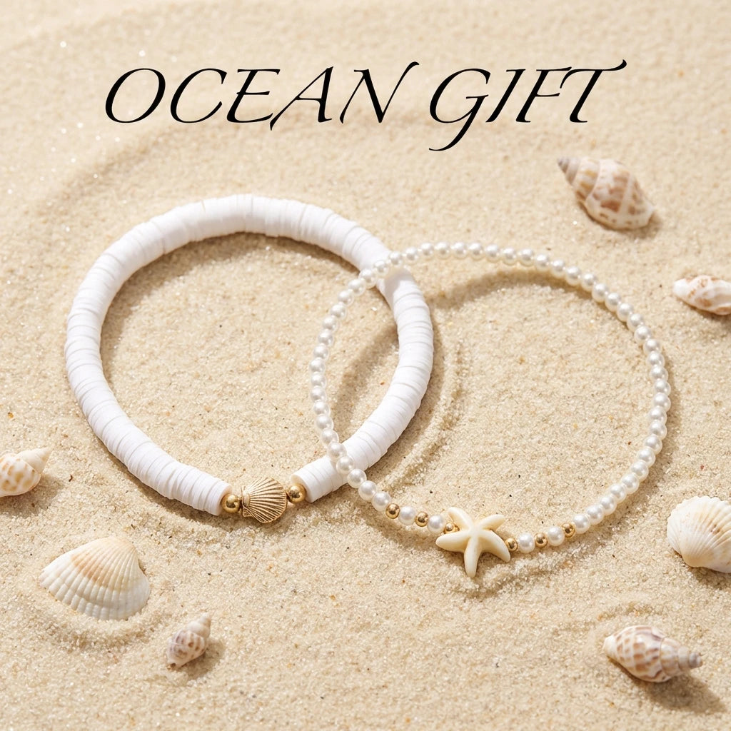2Pcs/Set White Polymer Clay Heishi Beads Anklet for Women Gold Shell Starfish Pendant Foot Chain Boho Summer Beach Jewelry