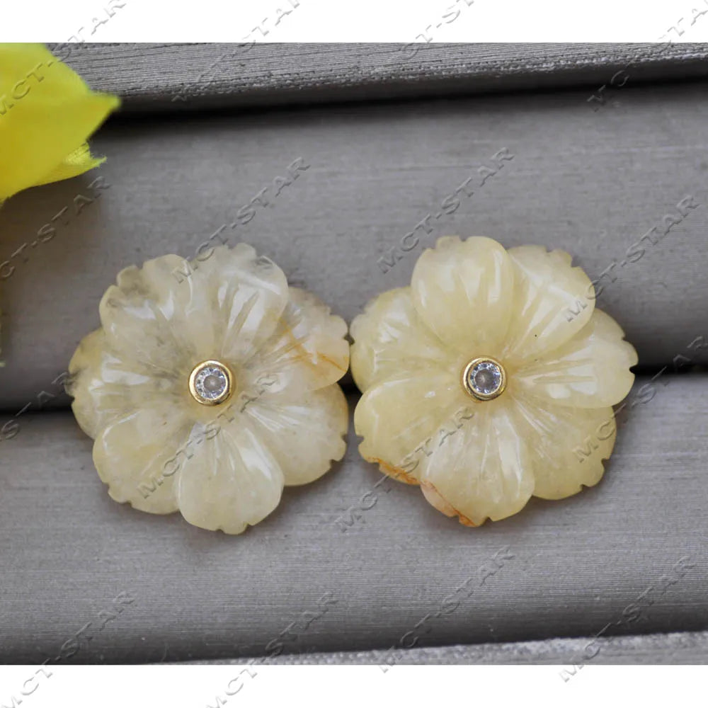 Z14219 Natural 25mm Blue Lapis lazuli Green Yellow Jade Jasper Pink Crystal Flower CZ Stud Earring