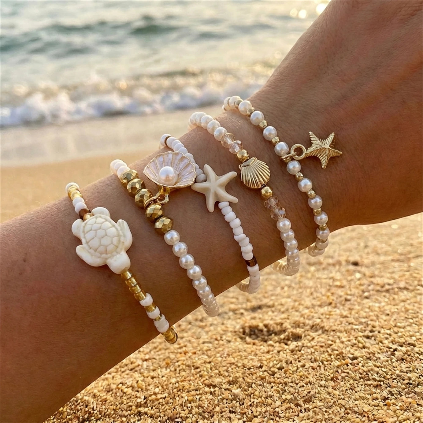Shell and Starfish Pearl Beaded Stackable Bracelet Set (6 Pieces)