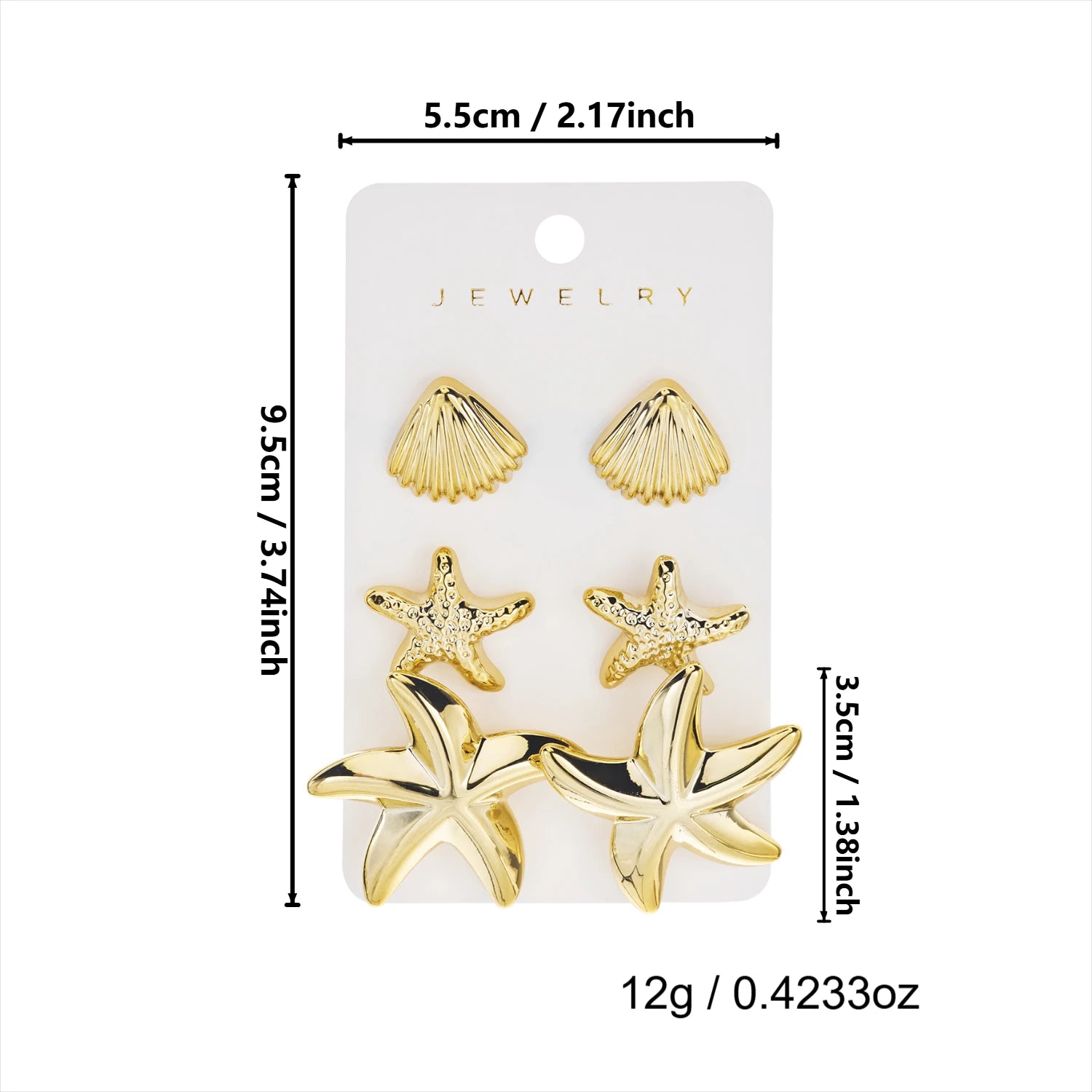 3 Pairs Gold Color Starfish Shell Stud Earrings Set for Women Fashion CCB Lightweight Star Earrings Boho Jewelry Accessories