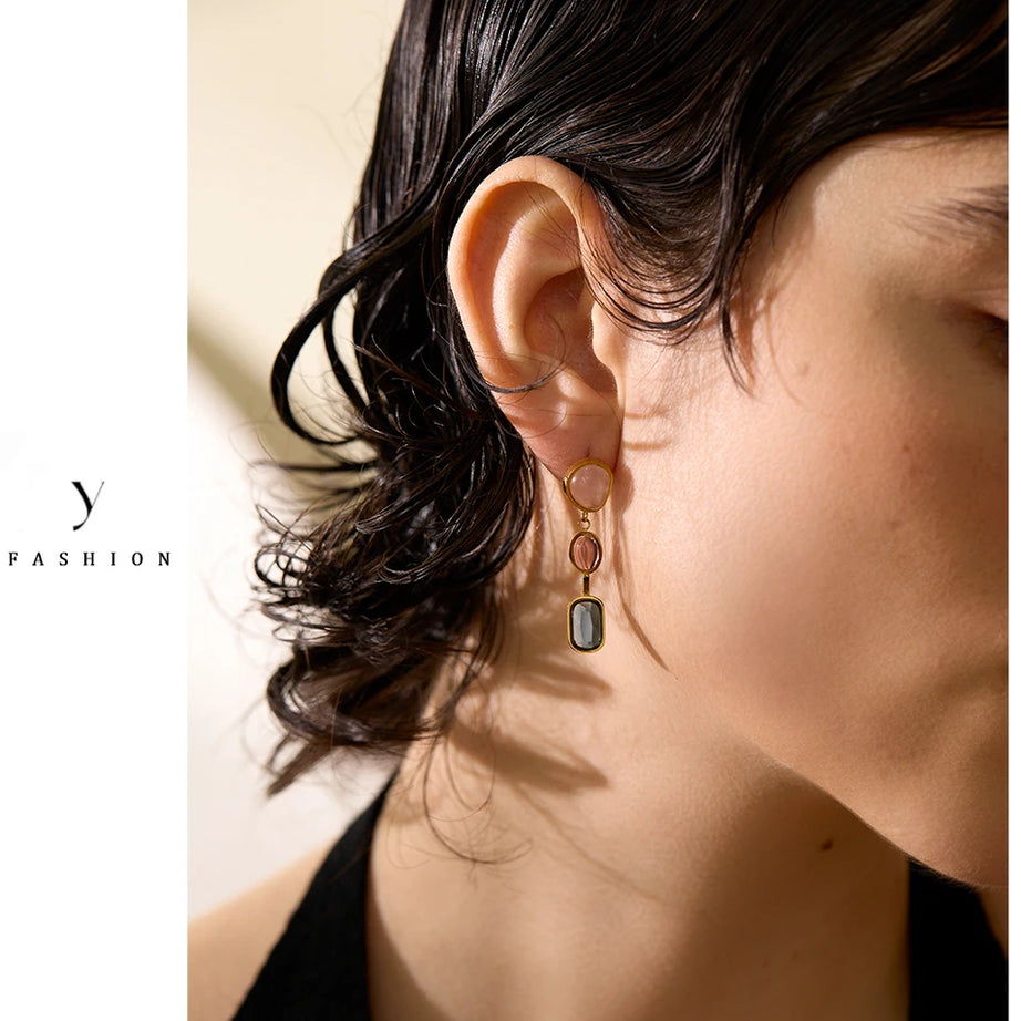 Natural Stone Geometric Gold Drop Earrings Jewelry