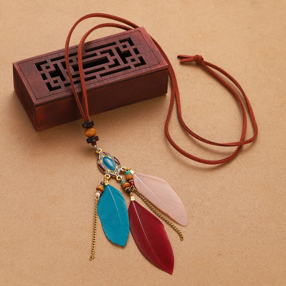 Rope Bead Feather Pendant Long Necklace Jewelry
