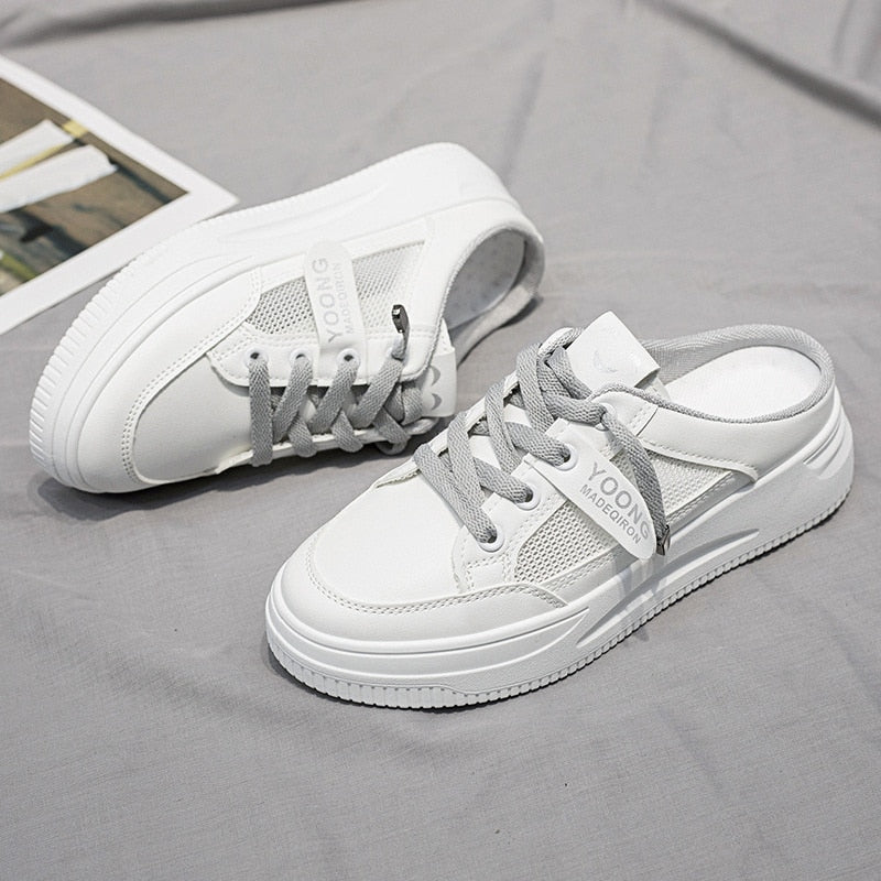 Women Shoes Canvas Tennis Casual Half Slippers Flats Female White Mules Low Top Sneakers Mesh Breathable Lazy Loafers - Charlie Dolly