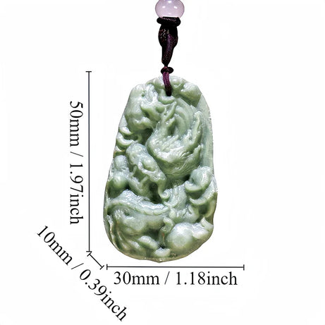 Dark Green Jade Dragon Fox & Owl Pendant Necklace, Carved Amulet Zodiac Talisman