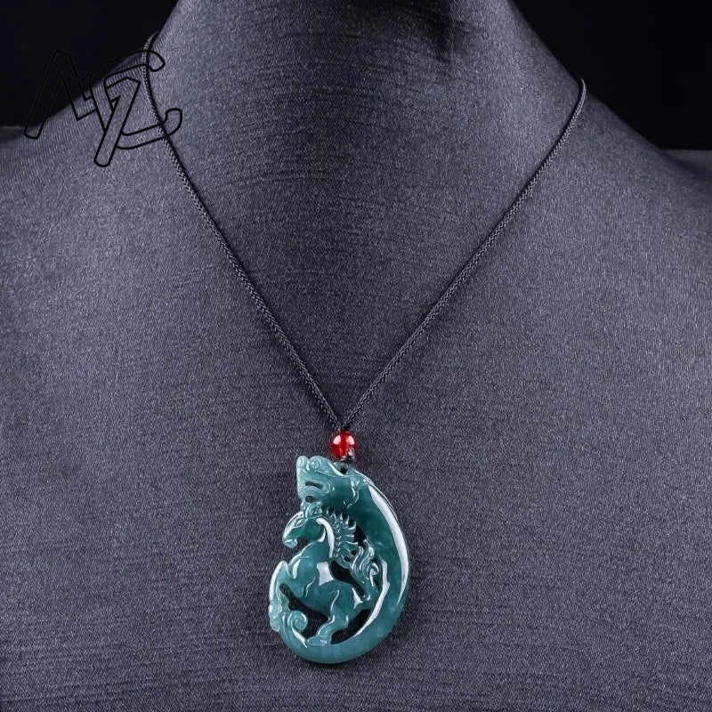 Real Natural Myanmar Emerald Blue Water Jade Hollow-out Horse Card Pendant Necklace Carved Jewelry Fashion Amulet Certificate