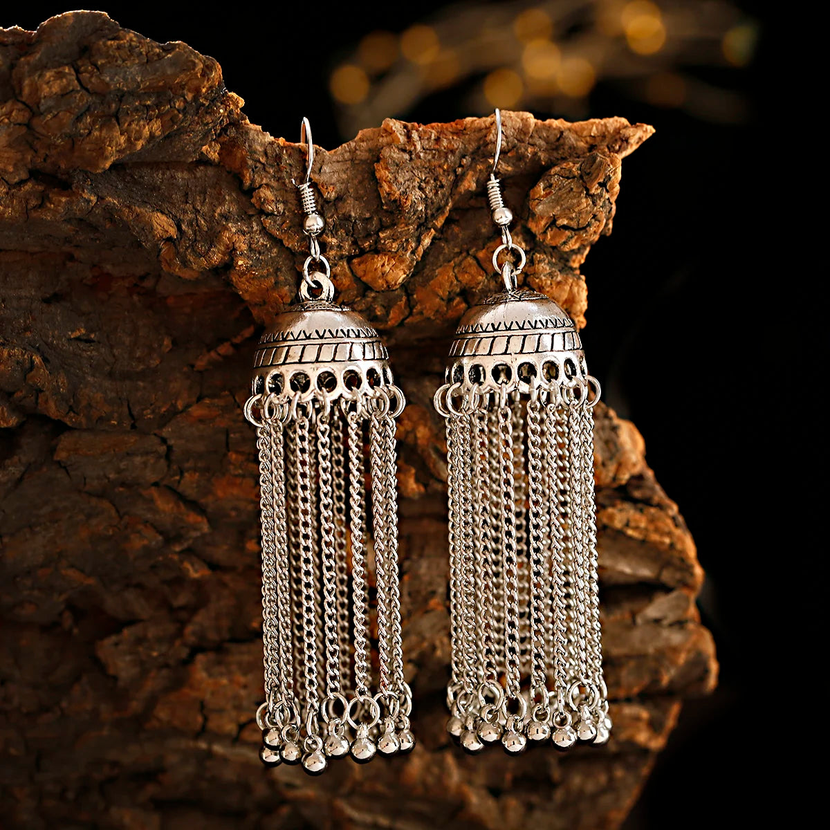 Ethnic Silver Color Long Metal Chain Tassel Earrings Female Retro Round Bell Dangle Earrings Boho Geometric Piercing Ear Jewelry