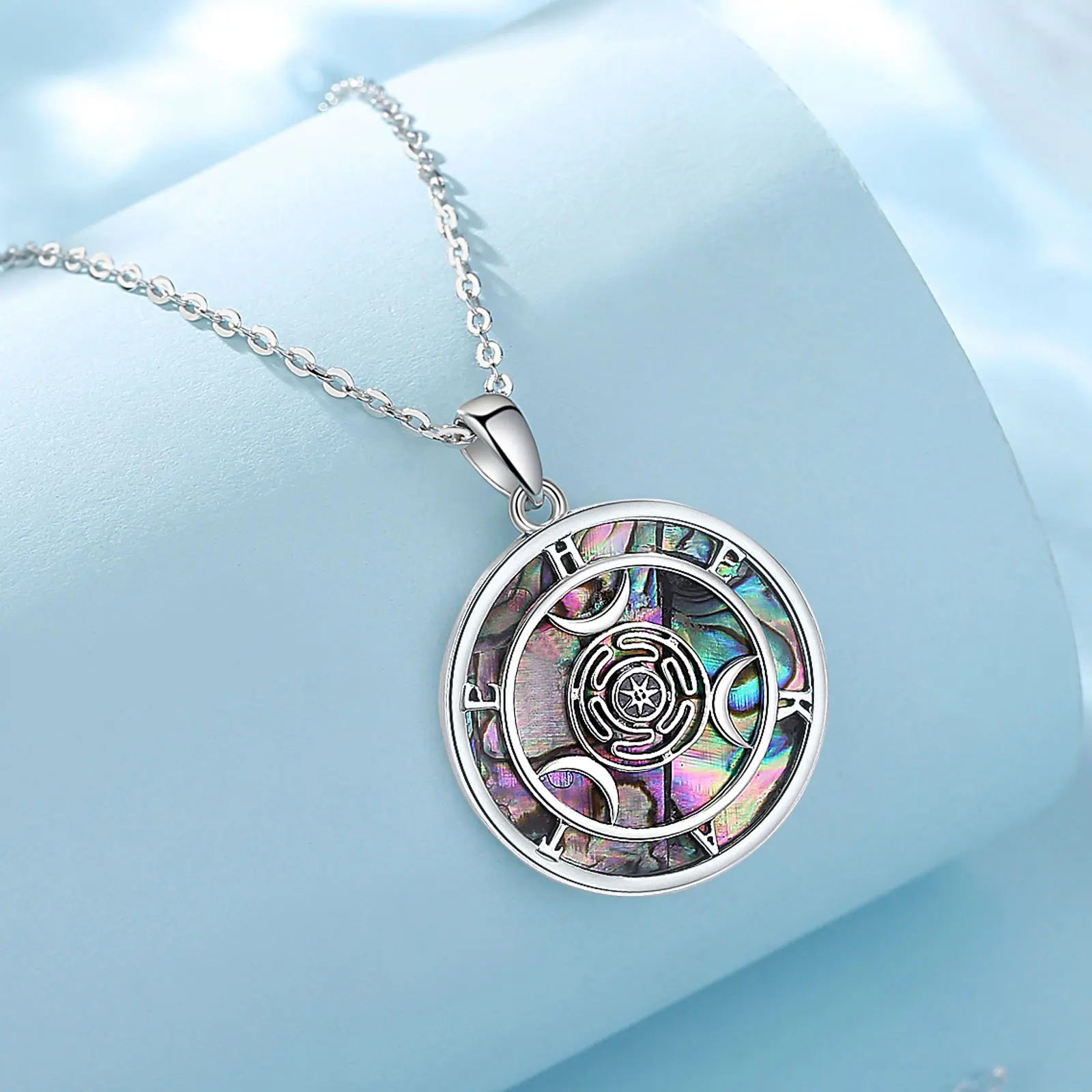 Eudora 925 Sterling Silver Hecate Wheel Necklace Abalone Triple Moon Goddess Amulet Pendant Wiccan Pagan Jewelry for Women Men