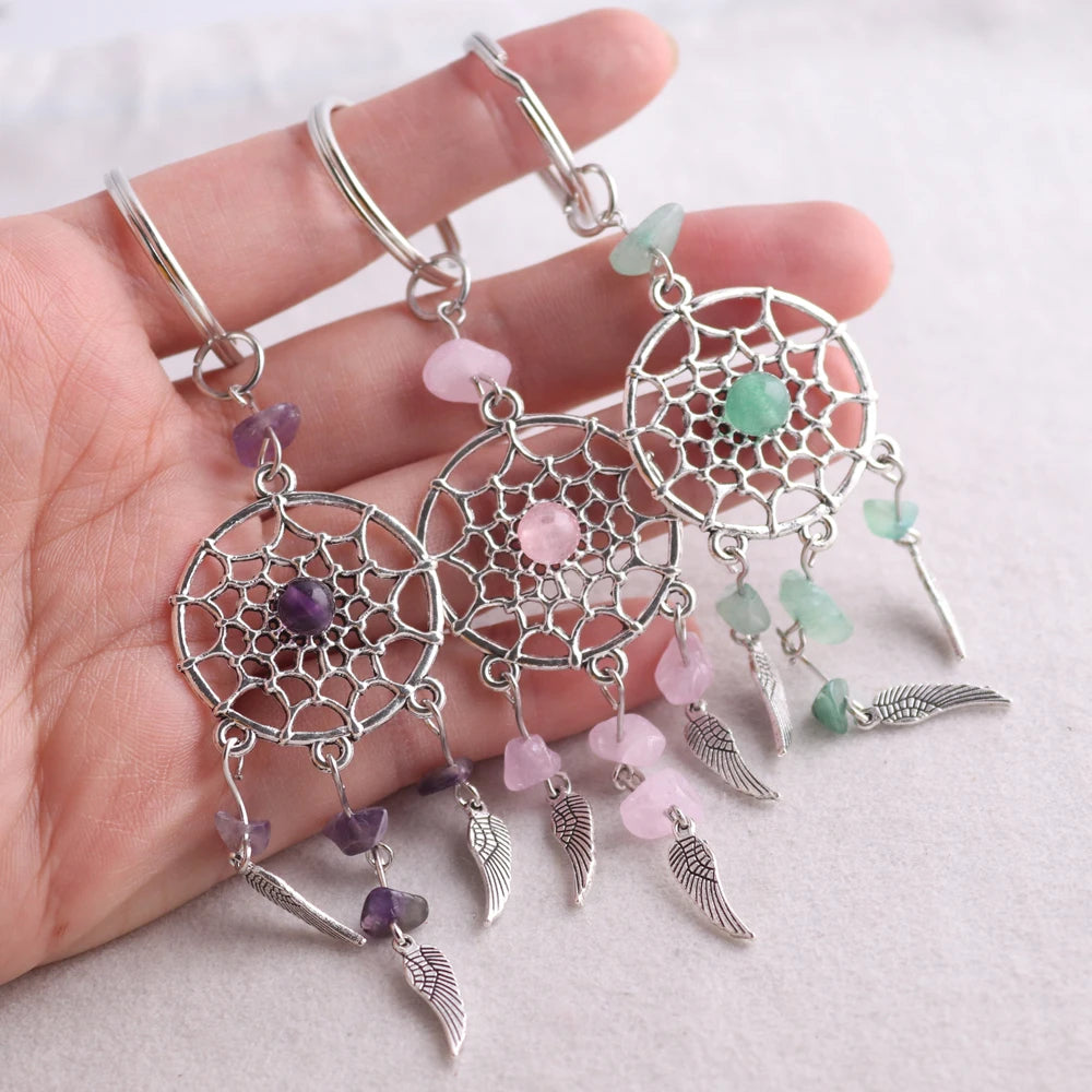 Natural Stone Dream Catcher Keyring Bag Charm Fashion Boho Jewelry Wing Keychain Opal For Women Girl Party Gift